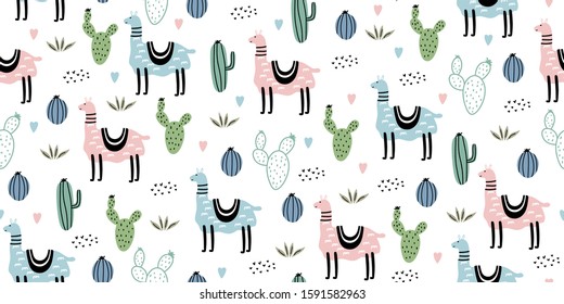 Cute Seamless pattern with llama, cactus and hand drawn elements. Creative childish hand drawn scandinavian texture. Great for fabric, textile Vector Illustration.