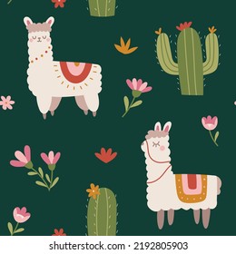 Cute seamless pattern with llama and floral elements. Vector illustration with cartoon drawings for print, fabric, textile.