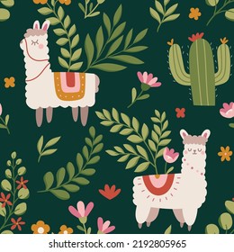 Cute seamless pattern with llama and floral elements. Vector illustration with cartoon drawings for print, fabric, textile.