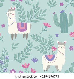 Cute seamless pattern with llama and floral elements. Vector illustration with cartoon drawings for print, fabric, textile.