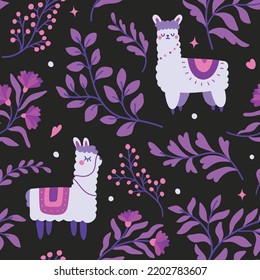 Cute seamless pattern with llama and floral elements. Vector illustration with cartoon drawings for print, fabric, textile.