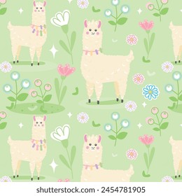 Cute seamless pattern with llama and flowers. Vector illustration.
