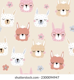 Cute seamless pattern with llamas and flowers. Childish print. Vector hand drawn illustration.