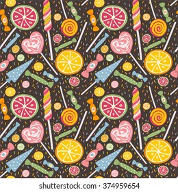 Cute seamless pattern with lollipops and candies. Sweet vector texture great for textile, wallpaper, pattern fills, web page backgrounds, surface textures