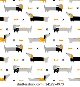 Cute seamless pattern with long dogs dachshunds. Vector baby background in scandinavian style. On white background. Suitable for printing on wrapping paper, textiles, fabrics, clothing, wallpaper.