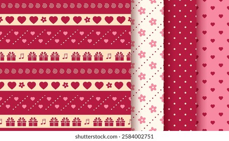 Cute seamless pattern. Love background. Red pink texture with heart, presents and dots. Valentine's day romantic print. Retro wrapping paper. Romance backdrop. Vector illustration. Geometric design