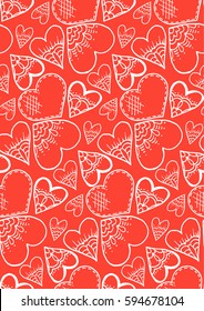 Cute seamless pattern. Love. A heart. Hand drawing. Doodle. Contour drawing. Sketch. Red background