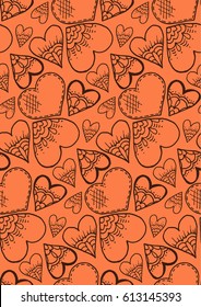 Cute seamless pattern. Love. A heart. Hand drawing. Doodle. Contour drawing. Sketch. Peach background