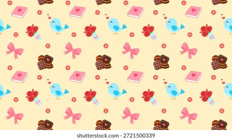 Lindo patrón sin fisuras con iconos de amor que incluyen pájaros, corazones, flores, arcos, chocolate, cuaderno de diario de amor sobre fondo suave. expresando romance, perfecto para diseños de San Valentín, papel de regalo