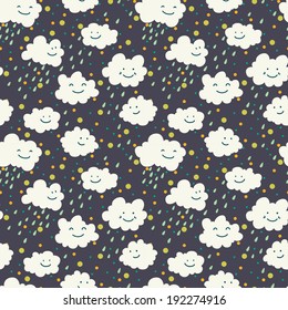 Cute seamless pattern with lovely doodle clouds. Hand drawn childish background.