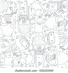 Cute seamless pattern with lovely doodle monsters eating, staying and looking at spectator. Black and white creatures on white background. Lovely childish design, good for wrapping paper, wallpaper