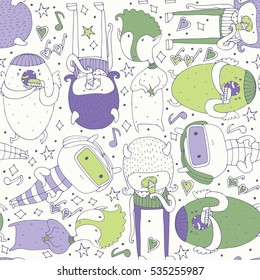 Cute seamless pattern with lovely doodle monsters eating, staying and looking at spectator. Purple and green creatures on light background. Lovely childish design, good for wrapping paper, wallpaper