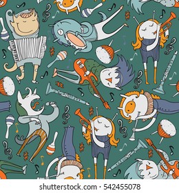 Cute seamless pattern with lovely monsters with different music instruments and singing. Color vector illustration on dark green background. Lovely characters with drum, guitar, trumpet, flute, cello.