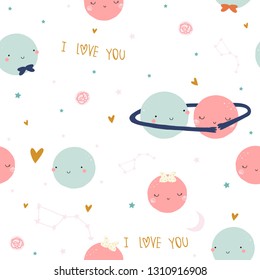 Cute seamless pattern with loving couple of planets. Valentine's Day print. Vector hand drawn illustration.