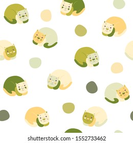Cute seamless pattern with lying cats and dots on white background. Funny design for wrapping paper, fabric, textile