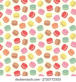 Cute seamless pattern with macarons. Colourful desserts vector illustration.