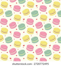 Lindo patrón sin fisuras con macarons y corazones. Ilustración vectorial de postres coloridos.