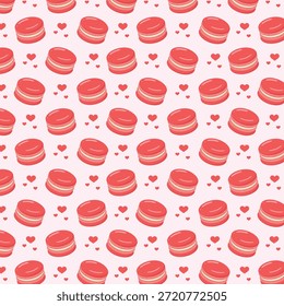 Cute seamless pattern with macarons and hearts. Colourful desserts vector illustration.
