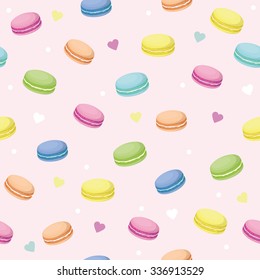 Cute seamless pattern with macaroons and hearts. Vector background. French sweets. Colorful macaroon. Vector texture of chocolate raspberry strawberry vanilla pistachio macaroons. Pink pattern