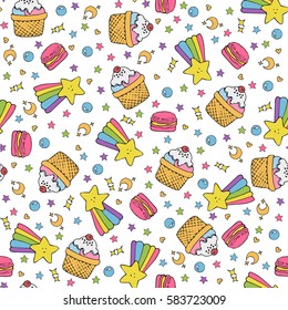 cute seamless pattern with macaroons,cakes and rainbows flying in open space.white background.vector