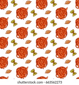Cute seamless pattern made of colorful  hand drawn italian pasta types.