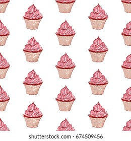 Cute seamless pattern made of colorful  hand drawn cupcakes.