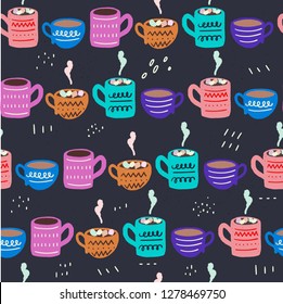 Cute seamless pattern made of hand drawn tea cups and coffee mugs. Hot beverages, chocolate with marshmallows. Sketch wrapping paper, textile, wallpaper for the coffee shop blog. Vector illustration.