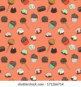 Cute seamless pattern made of hand drawn doodle chocolate sweets on polka dot background. Cartoon candy background.