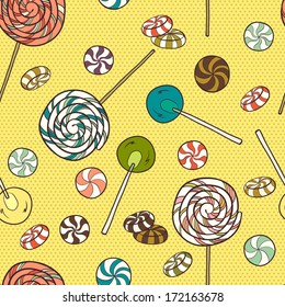 Cute seamless pattern made of hand drawn doodle caramel candies on polka dot background. Cartoon sweets background.