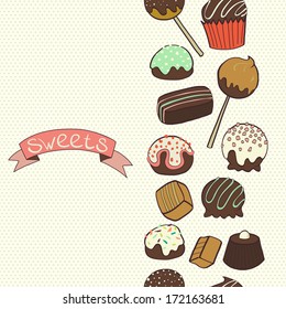 Cute seamless pattern made of hand drawn doodle chocolate sweets on polka dot background. Cartoon candy background.