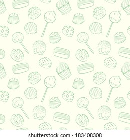 Cute seamless pattern made of hand drawn doodle chocolate sweets on light background. Cartoon candy background.