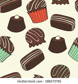 Cute seamless pattern made of hand drawn doodle chocolate sweets on light background. Cartoon candy background.