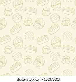 Cute seamless pattern made of hand drawn doodle chocolate sweets on light background. Cartoon candy background.