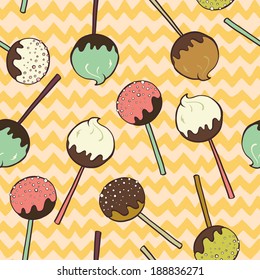 Cute seamless pattern made of hand drawn doodle chocolate and caramel candies on chevron background. Cartoon sweets background.