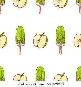 Cute seamless pattern made of hand drawn ice creams and apples.