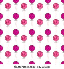 Cute seamless pattern made of pink lolly pop candies.