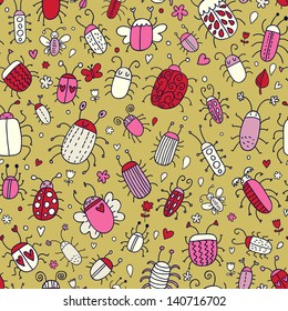 Cute seamless pattern made of summer bugs. Vector background is great for children and  people who loves insects.