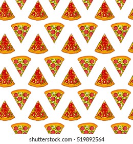Cute seamless pattern made of yummy pizza slices with salami and pepper.