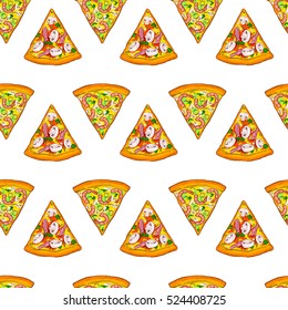 Cute seamless pattern made of yummy pizza slices with mushrooms, prawns and bacon.