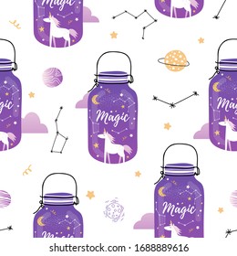 Cute seamless pattern with magic jars. Cute magical unicorn, stars, clouds, planets, constellations, moonlight, moon. Violet jar. Printing on clothing, textiles, poster, postcard. Children's print.
