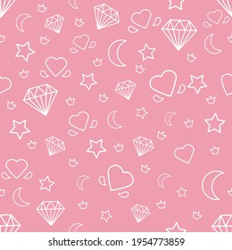 Patrón perfecto con símbolos mágicos Ilustración vectorial Diamantes blancos, signos cardíacos, estrellas, luna, coronas en contornos sobre fondo rosa