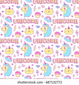 Cute seamless pattern with magical unicorn, cat, rainbow, diamond, lightning, star, heart, cupcake, magic wand, inscription - unicorn. It can be used for packaging, wrapping paper, textile and etc.