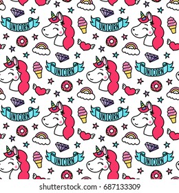 Cute seamless pattern with magical unicorn, star, diamond, ice cream, heart, cloud, ribbon, rainbow, donut. It can be used for packaging, wrapping paper, textile and etc.