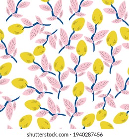 Cute seamless pattern of mango trees with pink leaves. Vector illustration on white background. 