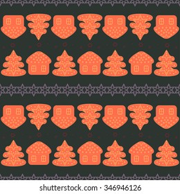 Cute seamless pattern with many repeating decorated gingerbread cookies on the red background. Christmas decoration symbol background. Vector illustration