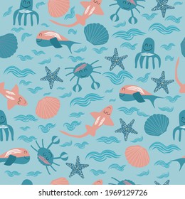 Cute seamless pattern from marine animals like shark, octopus, crab, whale, starfish and seashell. Vector illustration on white background.