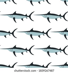 
Cute seamless pattern with marine swordfish on a white background. Marine reptiles in a flat style. Cartoon wildlife for web pages.
Stock vector illustration for decor and design, textiles,
wallpaper