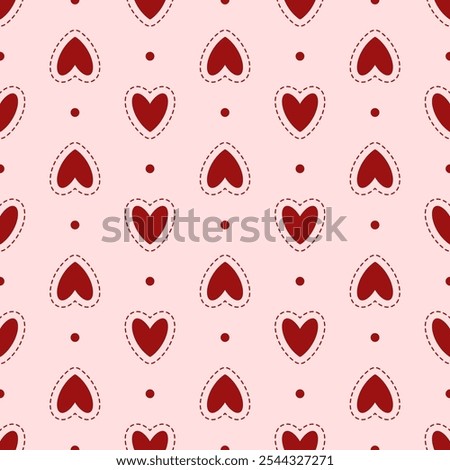 Cute seamless pattern with maroon hearts for Valentine's Day. Gift print for the holiday of love. Large hearts with dotted outlines and small dots on a pink background, suitable for textiles