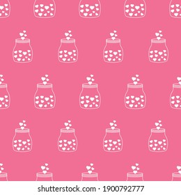 Cute Seamless Pattern with Mason Jar of Hearts. Perfect for Valentines Day Theme. 