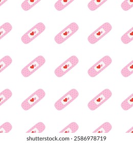 cute seamless pattern of medical plaster with heart for wedding or valentines day, cartoon vector background for wallpaper, wrapping paper, textile